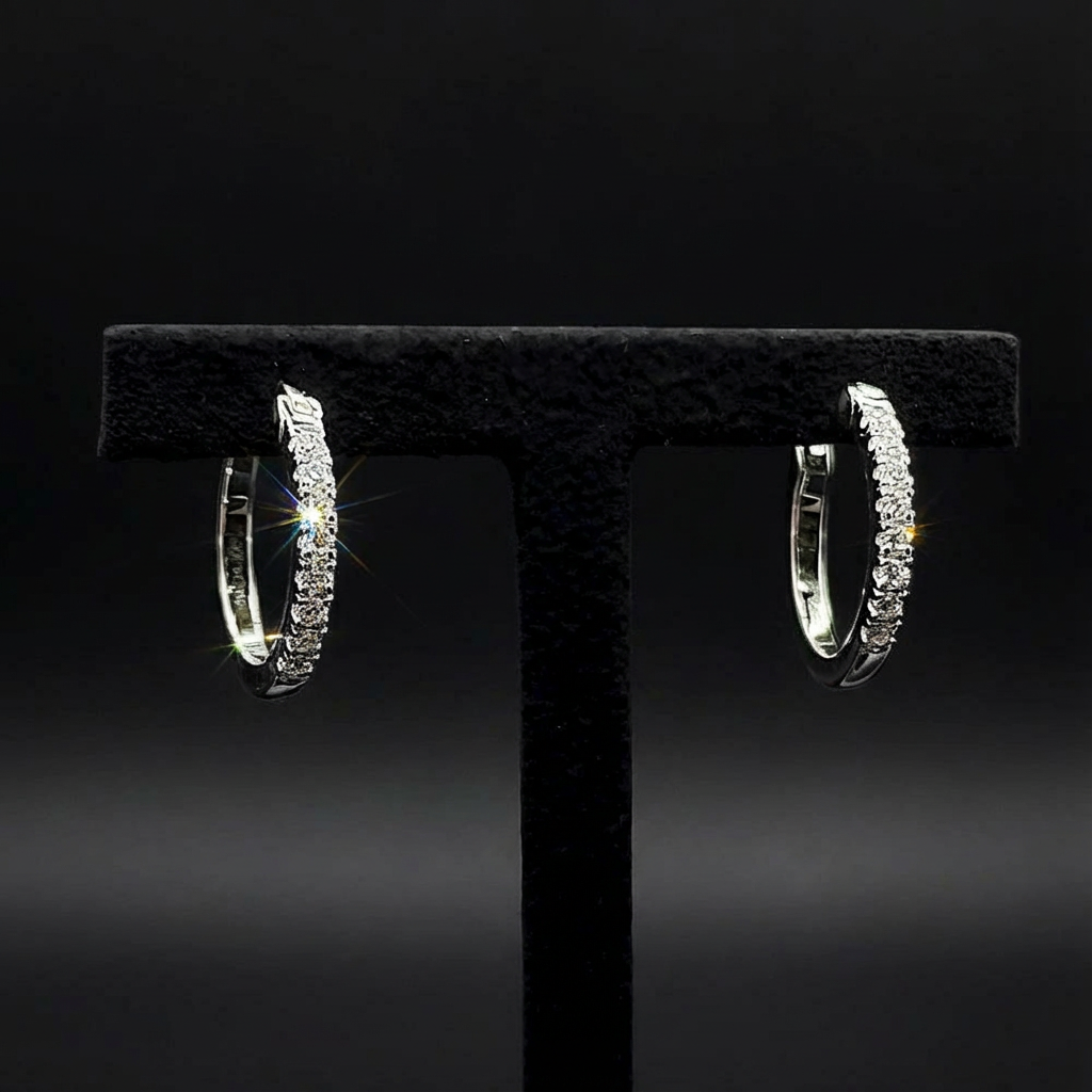1ct Pave Hoop Earrings, White Gold(VVS1/D/Excellent)
