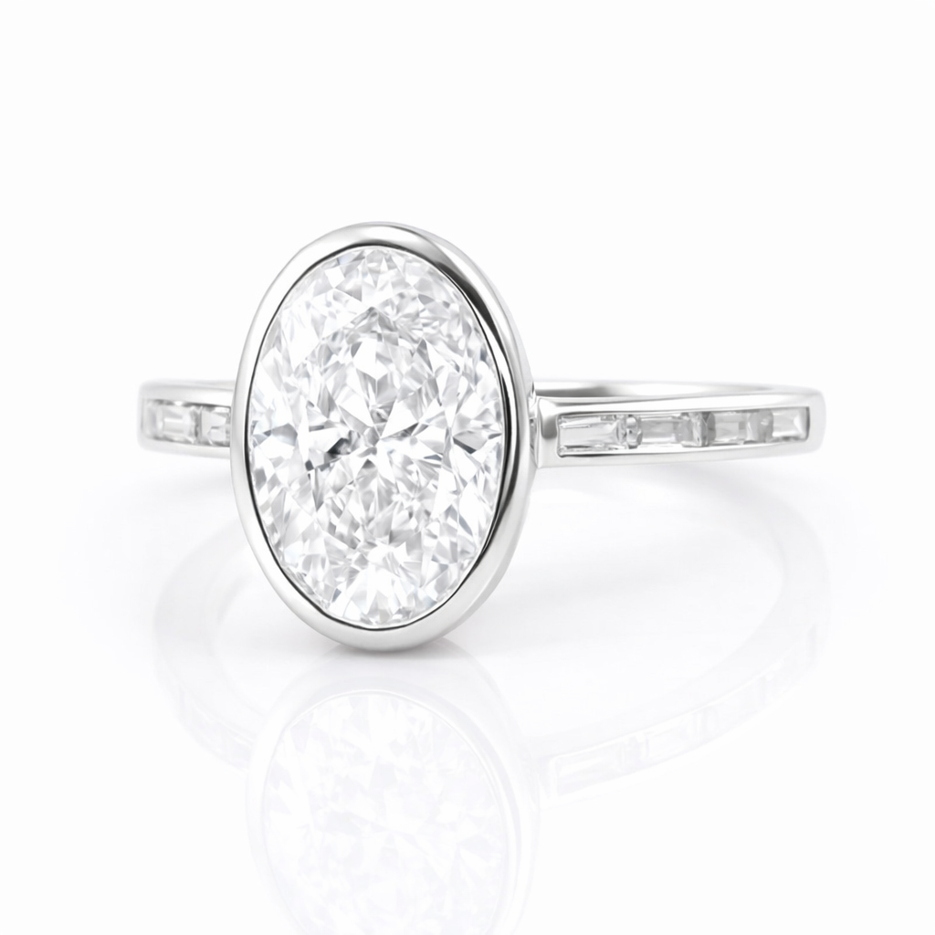 4.5ct Oval Bezel Setting Engagement Ring with Emerald Half Band