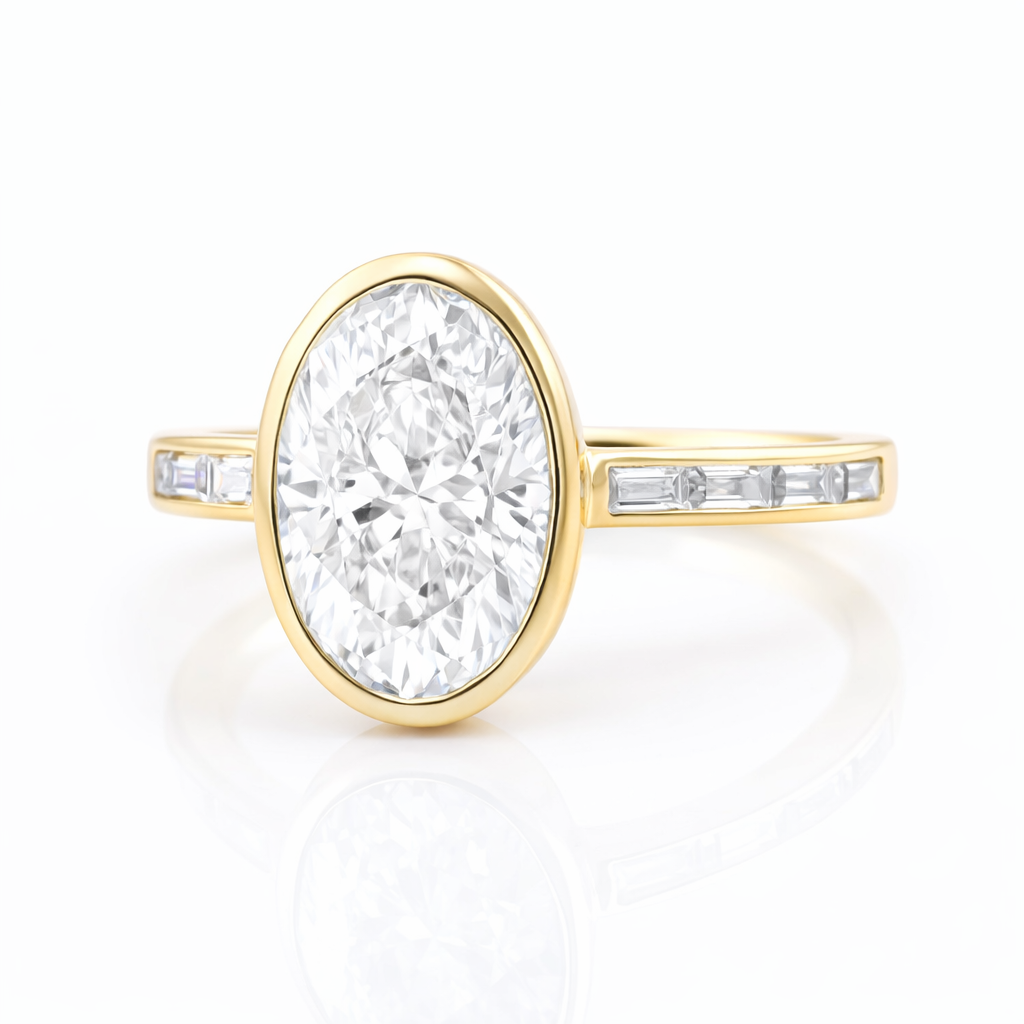 4.5ct Oval Bezel Setting Engagement Ring with Emerald Half Band
