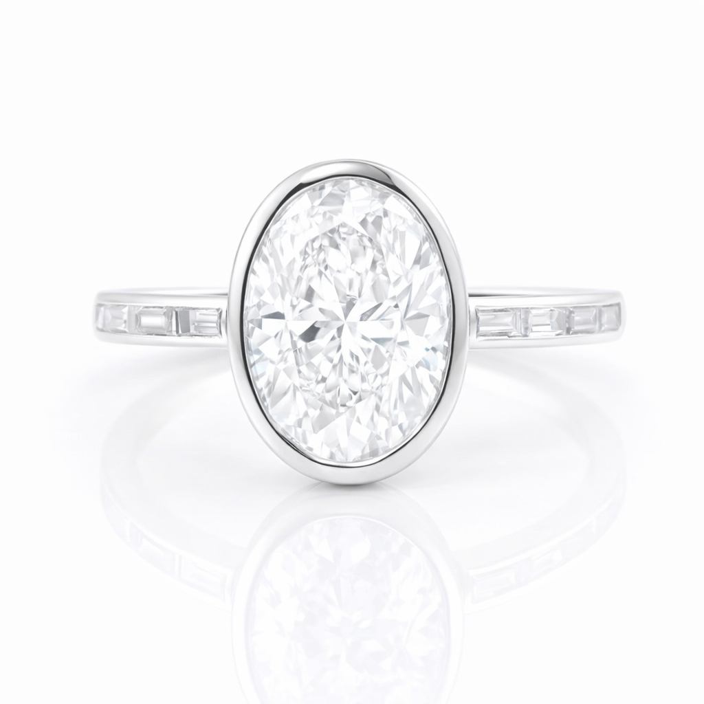 4.5ct Oval Bezel Setting Engagement Ring with Emerald Half Band