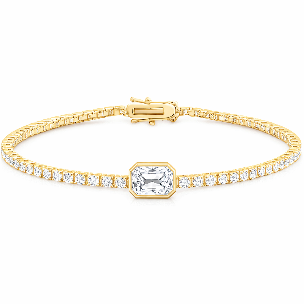 Tennis Bracelet with Bezel Emerald-Cut Centre Stone
