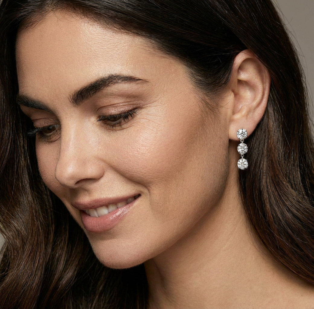 4ct Bezel Setting 3 Stone Earrings, White Gold  (VVS1/D/Excellent)