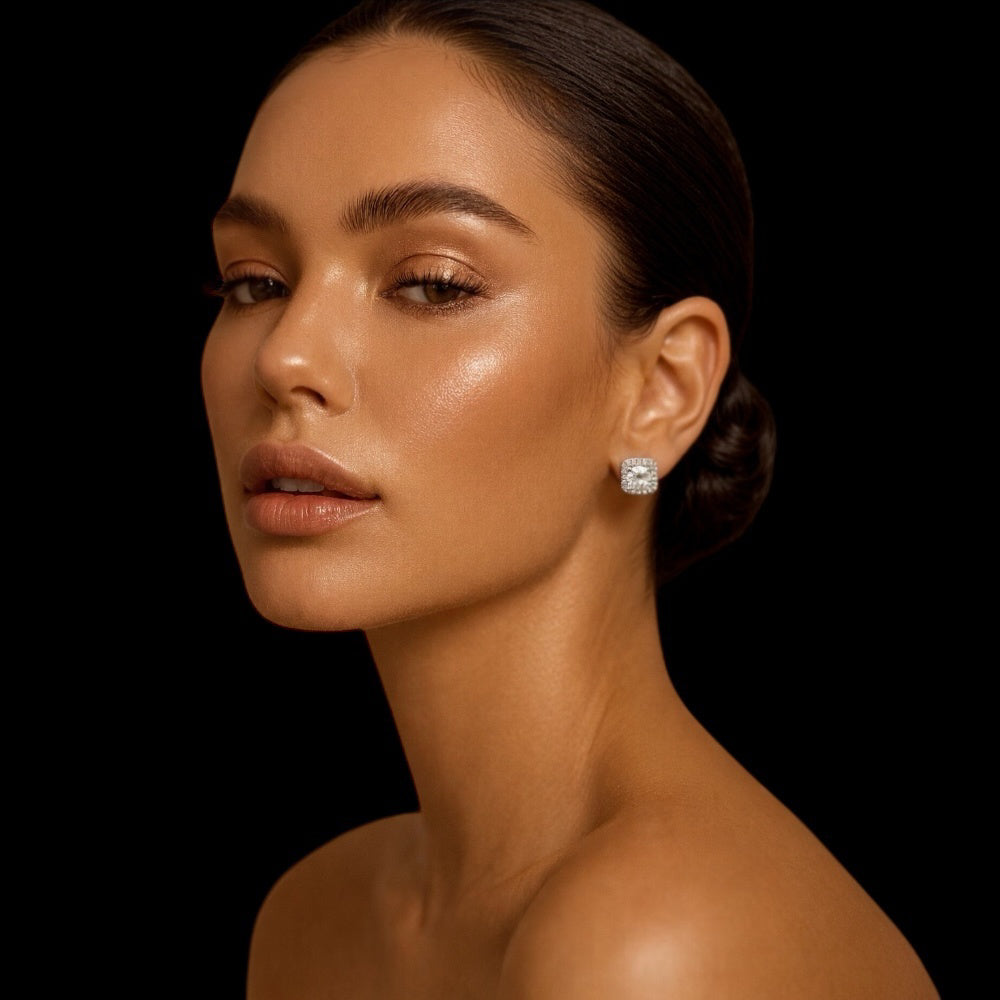 Cushion Shaped Earrings, White Gold